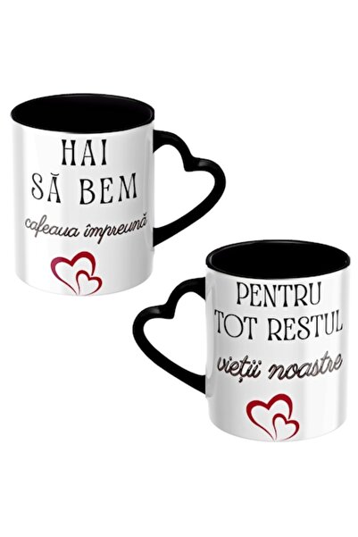 T&M Personalizare Set de 2 căni ceramice negre de 330 ml cu mâner în formă de...
