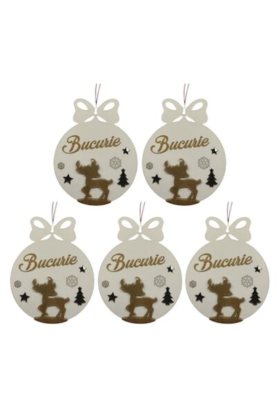T&M Personalizare Set de 5 globuri de Crăciun - "Bucurie" - cerb rotund, grav...