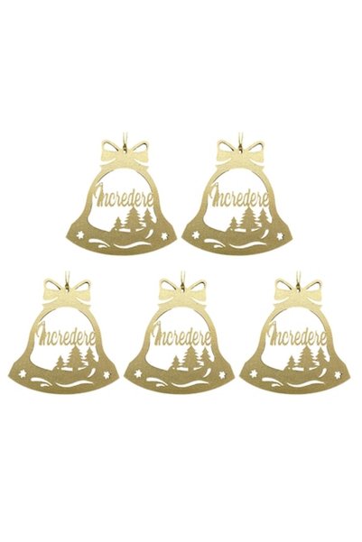 T&M Personalizare Set de 5 globuri - „Trust” - clopoțel, auriu, 8 cm, lemn