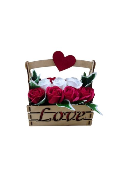 T&M Personalizare Coș ornamental din lemn cu mâner LOVE, decorat cu flori de ...