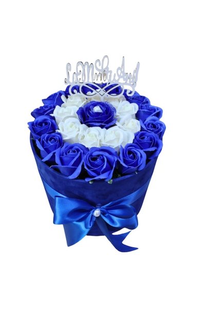 T&M Personalizare Aranjament floral albastru închis din catifea, în cutie, cu...
