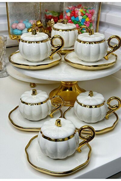 dunyazuccaciye Bal Kabağı Kapaklı Model Porselen Türk Kahvesi Fincanı