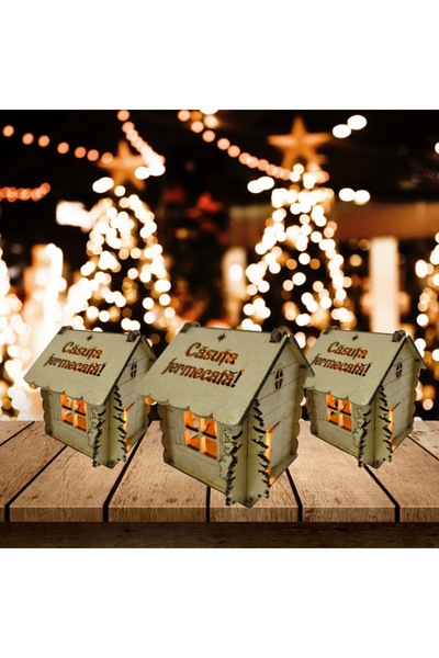 T&M Personalizare Set of 3 wooden enchanted houses, gold, 9x9x9 cm