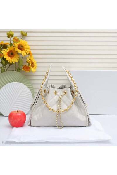 Generic Quilted Faux Leather Drawstring Bucket Bag with Gold-Tone Chain Strap