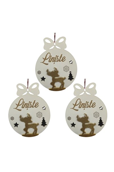 T&M Personalizare Set de 3 globuri - "Liniste" (Tăcere) - cerb rotund, gravat, alb, diametru 8 cm, lemn