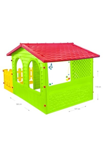 Mochtoys Yellow-red outdoor playhouse with fence and drawing board, 190x127x118 cm