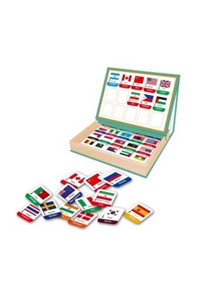 CREATIVE Educational magnetic puzzle with country flags and wooden drawing board, 27 x 20 x 4.4 cm, brown-gre