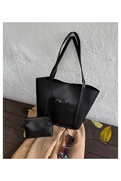 Yegane Geantă de umăr de culoare neagră cu geantă de machiaj din piele artifi...