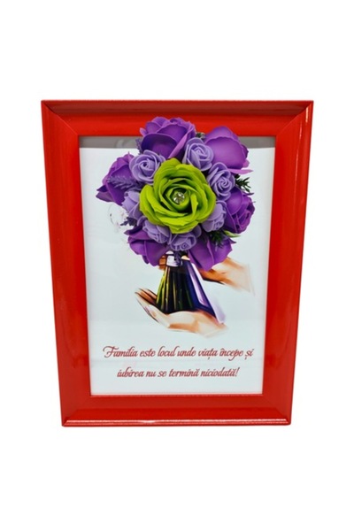 T&M Personalizare Tablou înrămat A4 (30x21 cm) - „Familia este locul unde viața începe și dragostea nu se termină niciodată” - floare de săpun mov