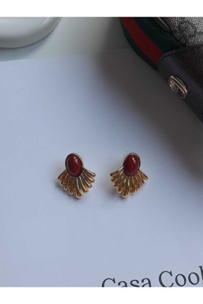 Bubbleatelier Bordo taş yelpaze çelik küpe