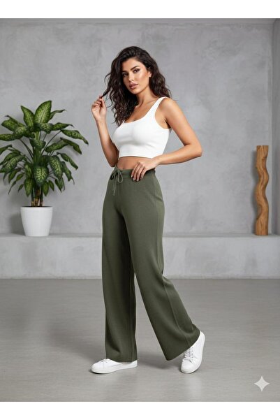 SİMETTİ BUTİK BELİ BAĞCIKLI TRİKO HAKİ PANTOLON