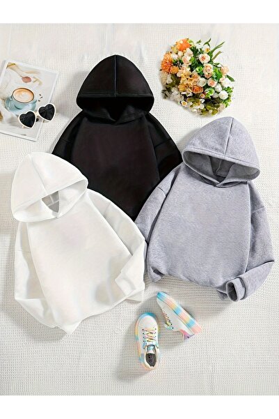 cc collection Erkek/ Kız Çocuk Basic Kapüşonlu Sweatshirt 3'lü