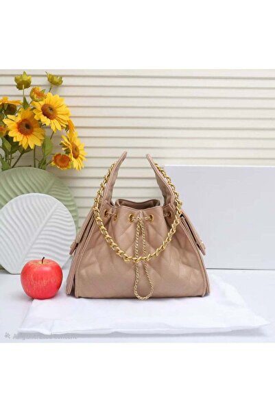Generic Quilted Faux Leather Drawstring Bucket Bag with Gold-Tone Chain Strap