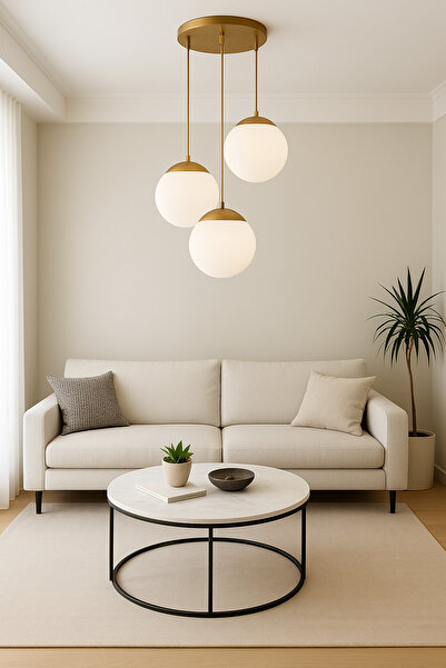 Lampiske Üçlü Gold Beyaz Opal Camlı Plafonyer Lüks Avize Salon Yatak Odası