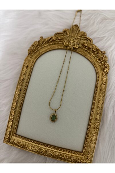 stainles steel Vintage Yeşil Taşlı Çelik Ayna Model Kolye