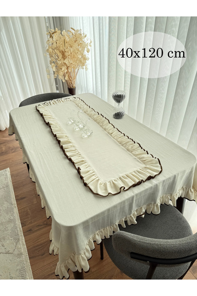 ARS DT Kahverengi Biyeli Görünümlü Fırfırlı Krem Keten RUNNER Şık Dekoratif 4...