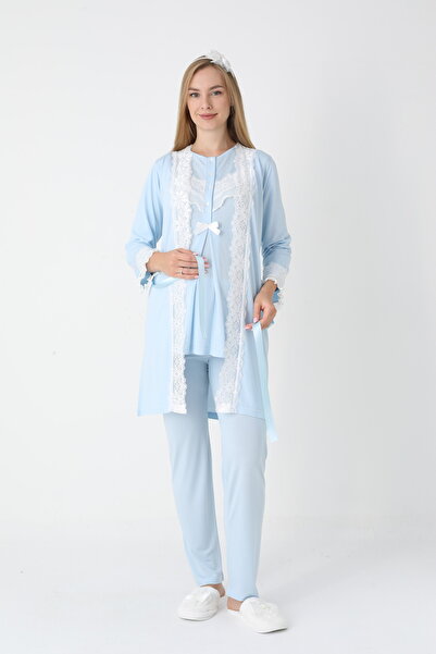 Lohussa Set de pijamale pentru femei, albastru, cu design special, cu dantelă, cu mâneci lungi, pentru maternitate, pentru femei însărcinate
