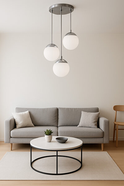 Lampiske Üçlü Krom Beyaz Opal Camlı Plafonyer Lüks Avize Salon Yatak Odası