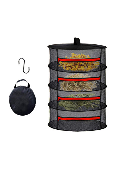 TİNEKE 4 Katlı Fermuarlı Meyve Sebze Kurutma Filesi | Katlanabilir Doğal Kurutma Sepeti KIRMIZI