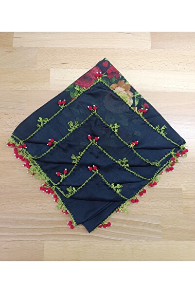 Bircan Hediyelik Kadife Kiraz İğne Oyalı Siyah Yazma Baş Örtüsü Eşarp Namaz Bezi