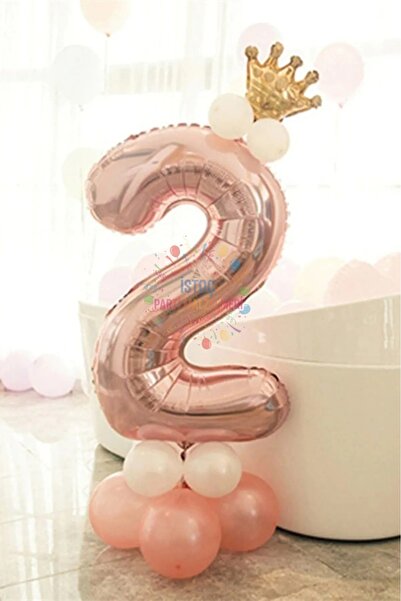 İSTOÇ PARTİ 2 Year Old Rose Gold Number Balloon Golden King Crown Balloon Set