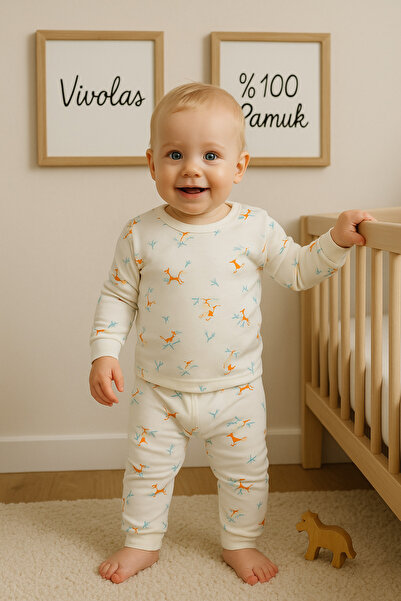 Vivolas 100% Cotton Baby Set with Snap Fasteners on the Shoulders, Unisex, 2-Piece, Top and Bottom, Monthly Sizes 3-6-9-12 Months