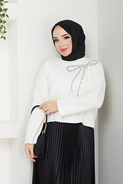 Blue Morpho Bow Detailed Knitwear Stone Embellished Skirt Top Crop Sweater