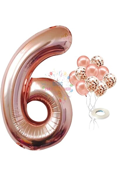 İSTOÇ PARTİ 6 Years Old Rose Gold Number Balloon Confetti Balloon Set
