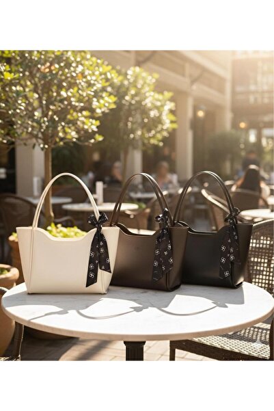 MihRaDa Krem+Siyah+Kahverengi 3'lü Suni Deri El, Kol ve Omuz Çantası- Tek Böl...