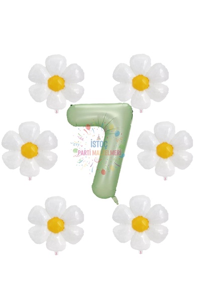 İSTOÇ PARTİ Water Green Color Number and 6 Daisy Foil Balloon Party Set Age 7