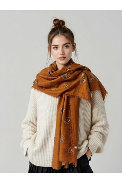lessisor.co Kahverengi Tarçın Kızıl Şal Desenli Eşarp Şal Atkı
