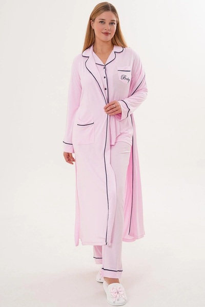 Mecit Pijama Set de pijamale din 3 piese pentru femei, cu mâneci lungi, cu nasturi, 65% bumbac, 35% viscoză