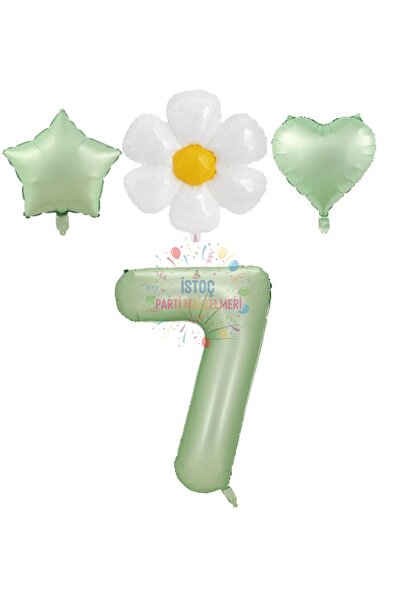 İSTOÇ PARTİ Water Green Color Number Star Heart and Daisy Foil Balloon Set Age 7