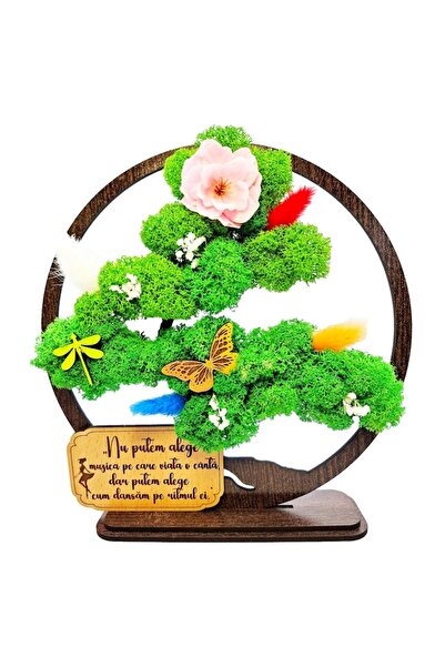 OEM Decorative Plaque - Bonsai with Stabilized Moss & Decorative Accents, Inspirational Message, Wenge,
