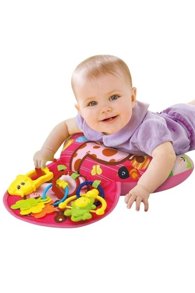CREATIVE Pernă de activități pentru bebeluși cu jucării zornăitoare, pentru antrenamentul și susținerea gâtului, 48 x 34 cm, roz/galben