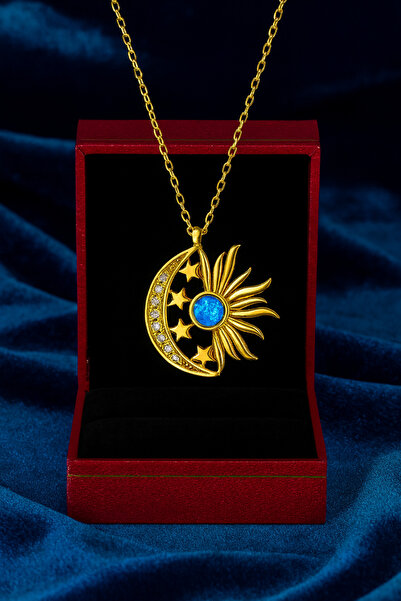 KAR DİAMOND 14 Ayar Altın Zincirli Opal Taşlı Hilal Güneş Ay Yıldız Kolye Ser...