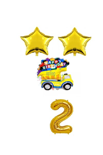 İSTOÇ PARTİ Gold Star Happy Birthday Written Number Foil Car Balloon Set Age 2