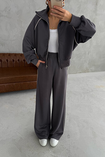 Seda Yalçın Atelier Wide Leg Zippered Modal Tracksuit Set - Smoked