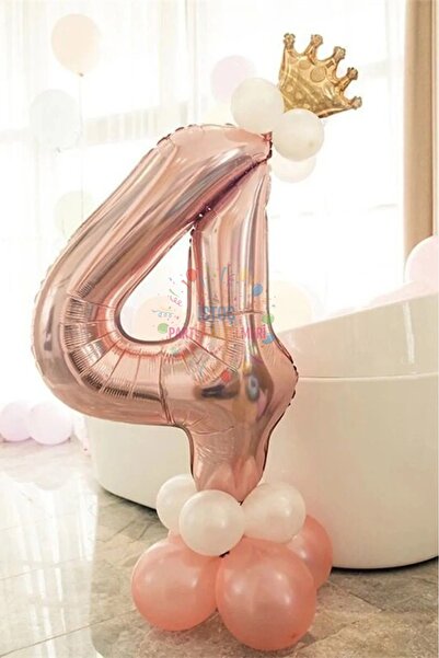 İSTOÇ PARTİ Age 4 Rose Gold Number Balloon Golden King Crown Balloon Set
