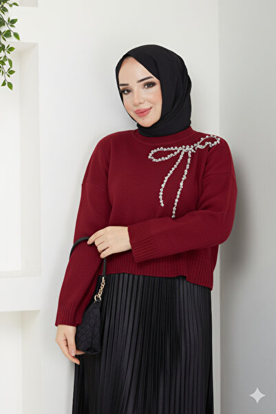 Blue Morpho Bow Detailed Knitwear Stone Embellished Skirt Top Crop Sweater