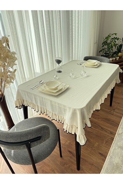 ARS DT Krem Keten Masa Örtüsü Kahverengi Fırfırlı Biye Görünümlü Dekoratif