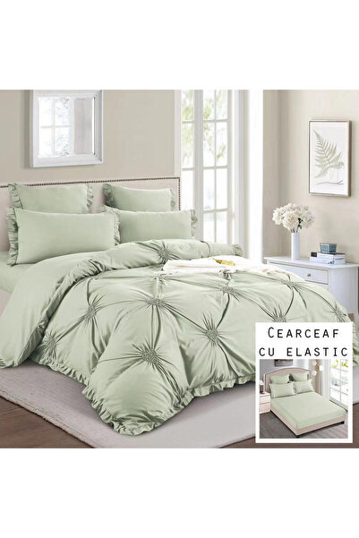 Patul Lenjerie de pat LUX - Inimi Brodate, Bumbac Finet, Pat dublu, 6 Piese, Cearceaf cu elastic