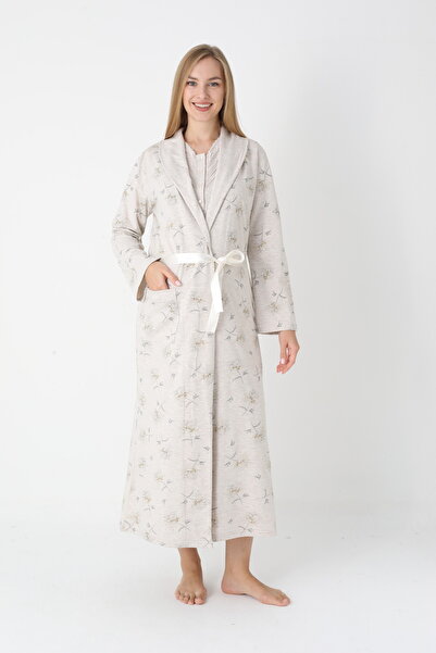 Lohussa Kadın Bej Desenli Şal Yaka Özel Tasarım Tam Boy Kışlık Uzun Kollu Loh...