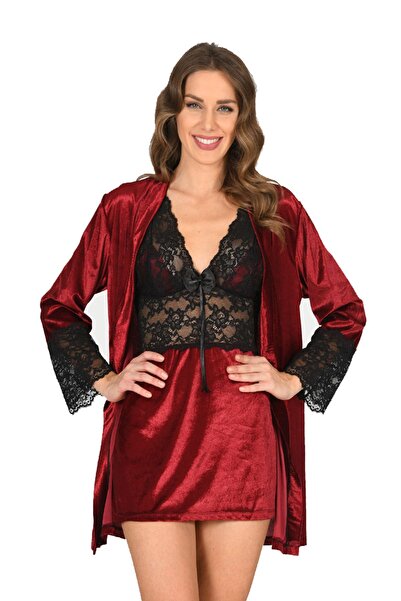 Sistina Mtxdpn Burgundy Velvet Robe & Nightgown Set 2-Piece - 1445 - (214902) Size S/M