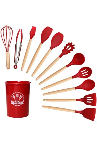 amXea Set de 12 ustensile de bucătărie, roșu, silicon rezistent la căldură cu...