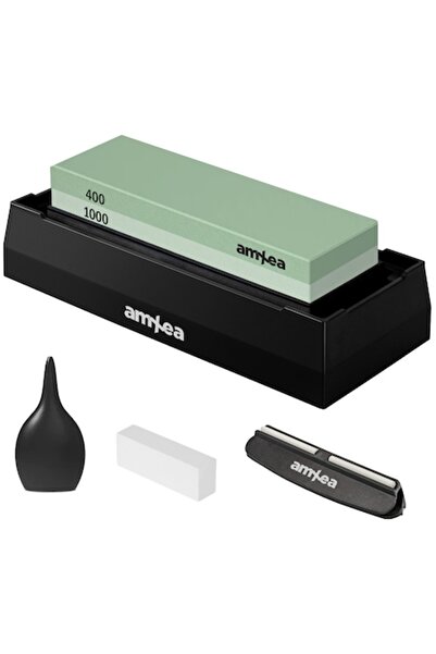 amXea Knife Sharpening Stone 400/1000, 2 Grits, Non-slip Plastic Base, Angle Guide