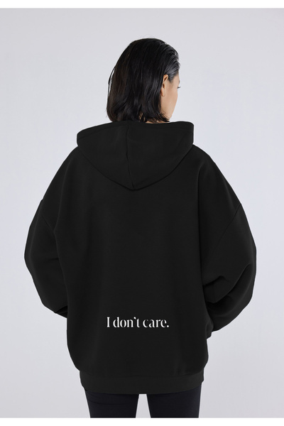CC STORE I Don'T Care Back and Front Printed Winter Fleece Thick Sweatshirt Hoodie