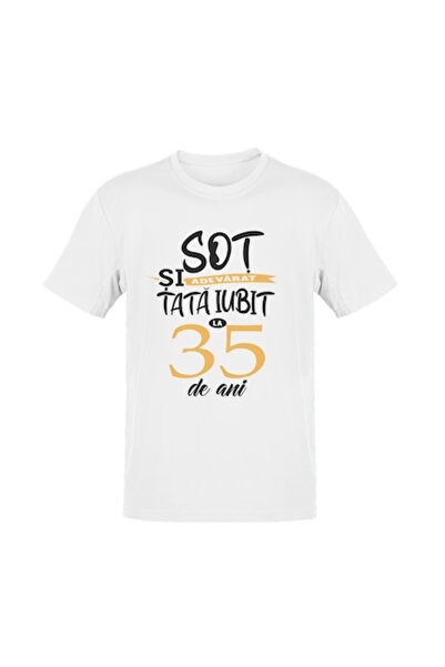 Tricou Destept Tricou „Soț adevărat și tată iubit la 35 de ani”, alb, mărime S
