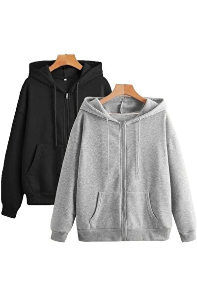 LUSHN Large Size 2-Piece Black and Gray Zippered 3 Thread Fleece Cardigan / J...