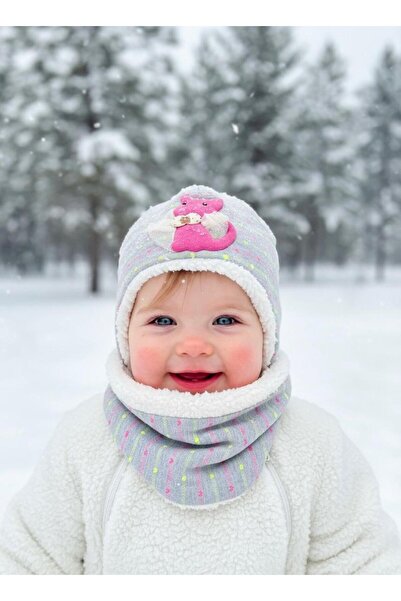 Lumos Trade Baby Girl Plush Detailed Winter Beanie and Neck Warmer Set – Warm, Soft and Stylish Design
